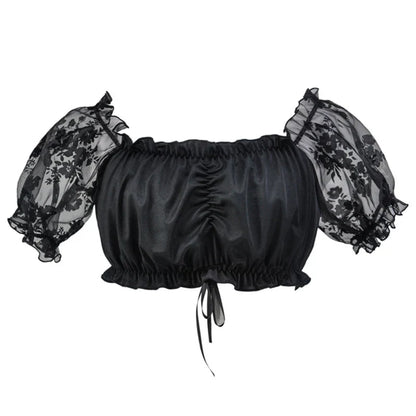 Schwarze schulterfreie Bluse mit transparenten Puffärmeln und Blumenmuster.