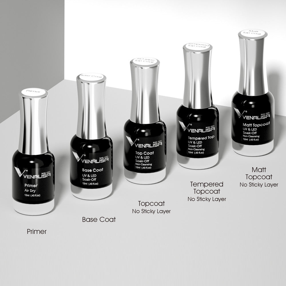Venalisa Nagellack-Set, Primer, Base Coat, Topcoat, Tempered Topcoat, Matt Topcoat, 5 Flaschen.