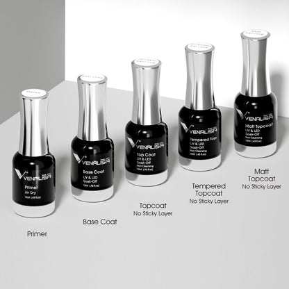 Venalisa Nagellack-Set, Primer, Base Coat, Topcoat, Tempered Topcoat, Matt Topcoat, 5 Flaschen.