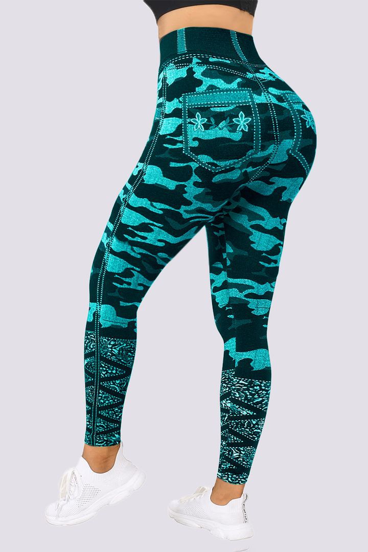 Damen Leggings, grün-blaues Camouflage-Muster, hohe Taille, Sportbekleidung, bequem.