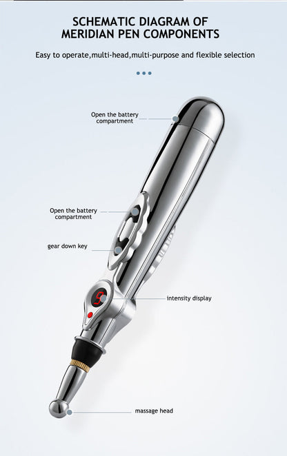 Silberner Meridian-Stift mit Massagekopf, Intensitätsanzeige und Batteriefach.