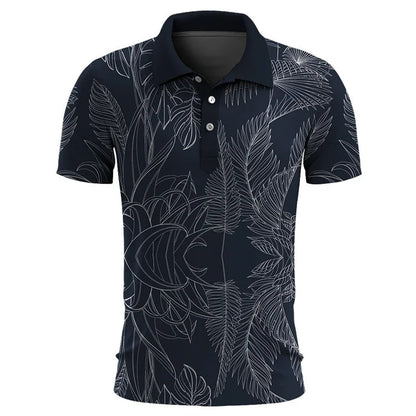 Schwarzes Herren-Poloshirt mit weißem Blattmuster, kurzärmelig, Baumwolle, modisch.
