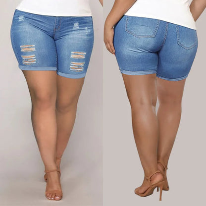 Damen-Jeansshorts, blau, zerrissen, Plus-Size, Sommermode, bequem, lässig.