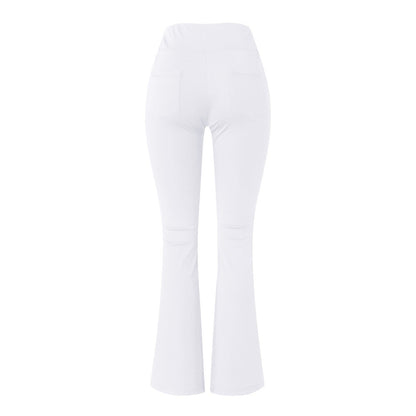 Weiße Damen-Schlaghose, elastisch, mit Taschen, modisch, bequem, ideal für Freizeitkleidung.