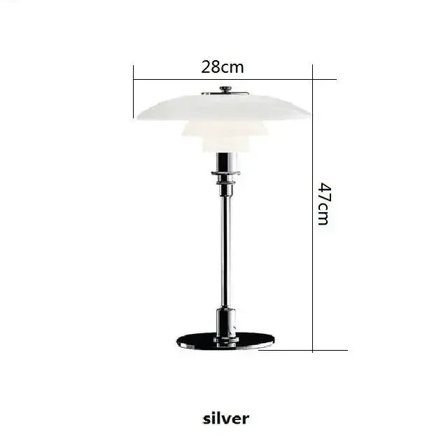 Silberne Tischlampe, 47cm hoch, 28cm Durchmesser, modernes Design, Metallfuß, weißer Schirm.