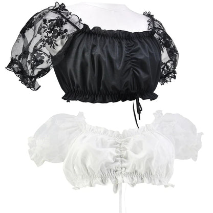 Schwarzes und weißes Crop-Top mit Puffärmeln, transparentem Stoff, florales Design.