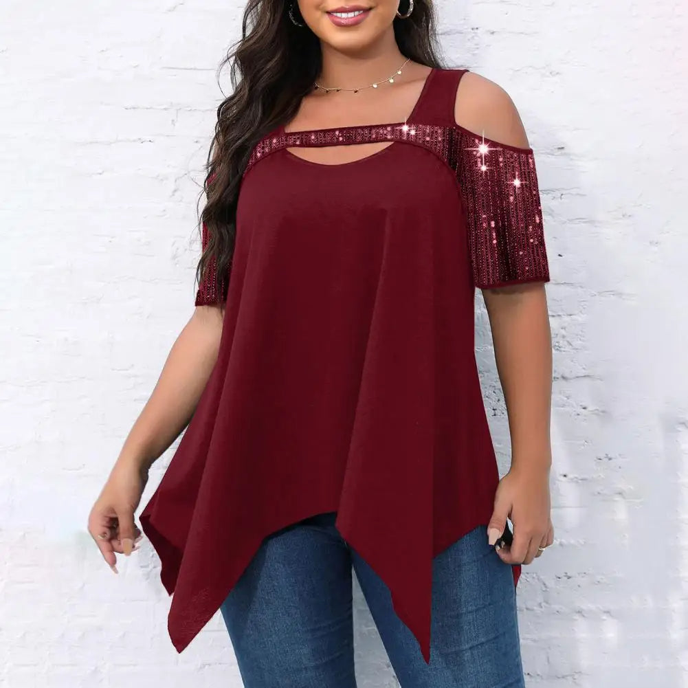 Damen Bluse, rot, schulterfrei, Pailletten, lässig, Sommermode, elegant, bequem.