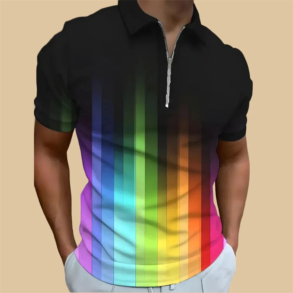 Männer Poloshirt mit Regenbogenstreifen, Reißverschluss, kurzärmelig, modisch, Baumwolle.