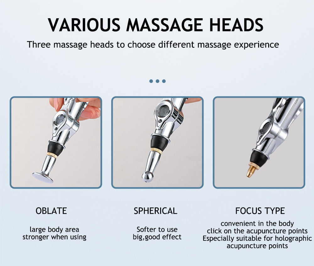 Drei Massageköpfe für Akupunktur: flach, kugelförmig, fokussiert, silberfarben, vielseitig einsetzbar.