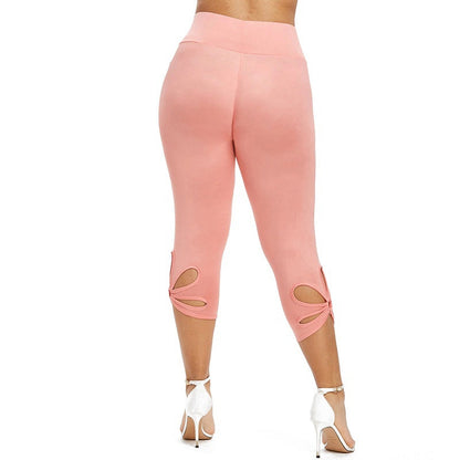 Damen rosa Leggings mit Cut-Outs, Capri-Länge, elastisch, modisch, ideal für Freizeitkleidung.