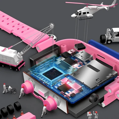 Rosa Smartwatch mit geöffneter Rückseite, zeigt interne Komponenten und Miniaturbauarbeiter.