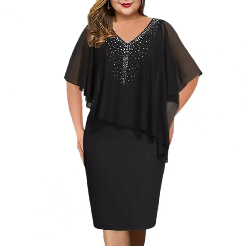 Schwarzes Abendkleid Damen, V-Ausschnitt, Chiffon, Pailletten, elegant, knielang.