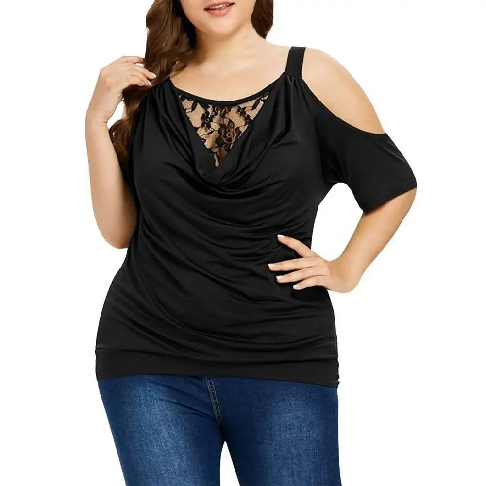 Damen schwarze Cold-Shoulder-Bluse mit Spitze, lässig, elegant, Plus-Size, Mode.