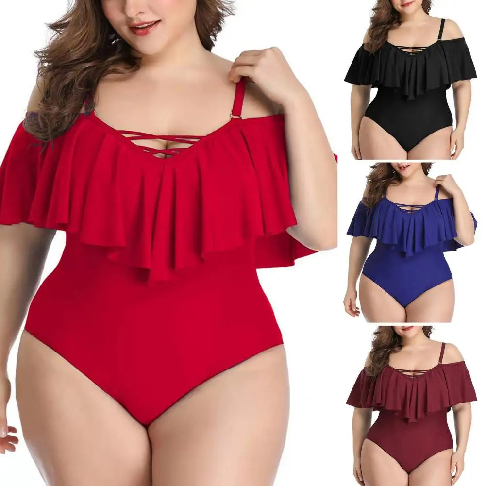 Plus-Size Badeanzug mit Rüschen, Rot, Blau, Schwarz, Off-Shoulder, Damenmode, Bademode.