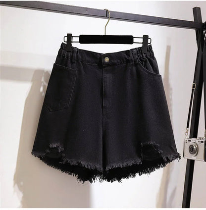 Schwarze Damen-Jeansshorts mit Fransen, elastischer Bund, lässig, modisch, Sommerkleidung.