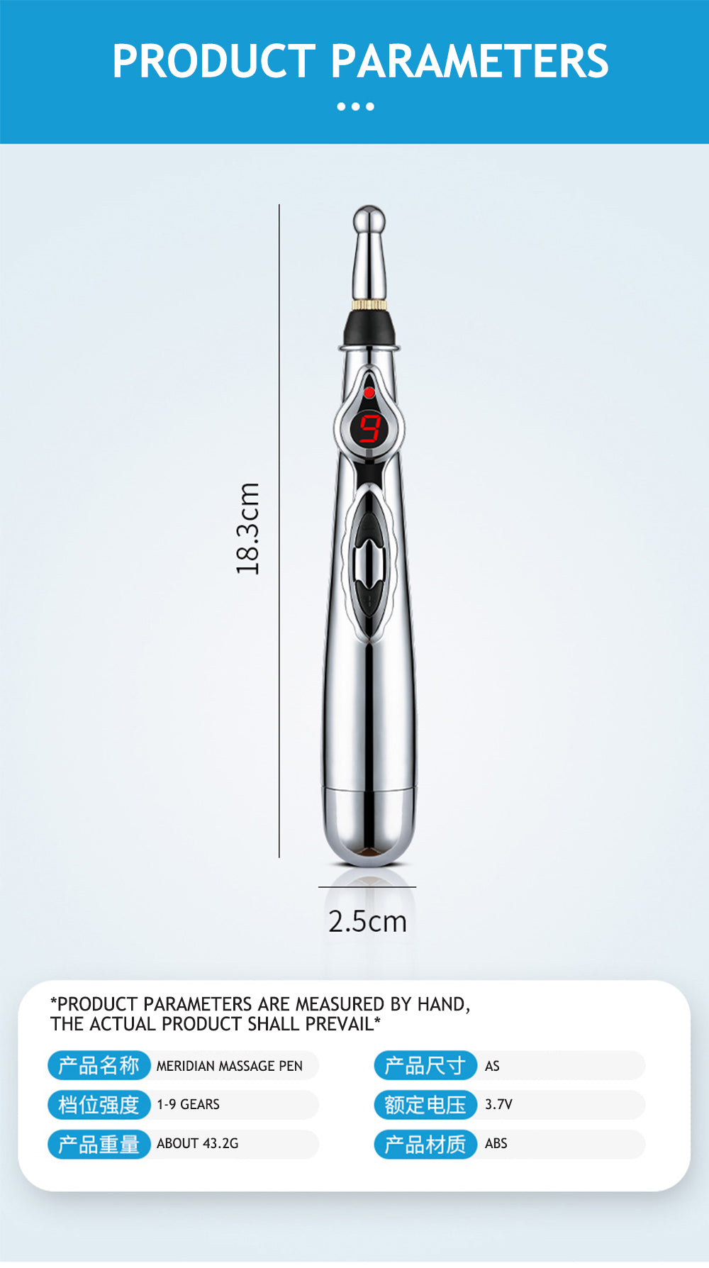 Elektrischer Meridian-Massage-Stift, silber, 18,3 cm, 9 Gänge, ABS-Material, 3,7V.