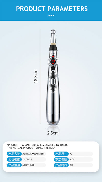 Elektrischer Meridian-Massage-Stift, silber, 18,3 cm, 9 Gänge, ABS-Material, 3,7V.