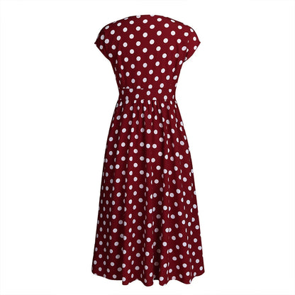 Rotes Kleid mit weißen Punkten, knielang, Vintage-Stil, Damenmode, Baumwolle, Sommerkleid.