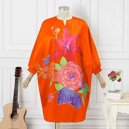 Orangefarbenes Kleid mit Blumenmuster, Damenmode, lässig, Baumwolle, Frühling/Sommer.
