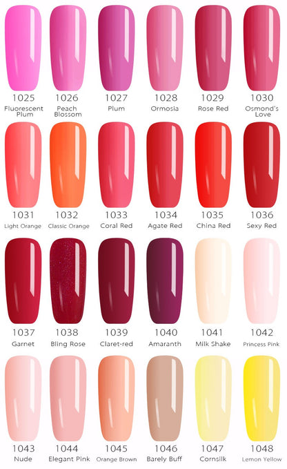 Nagellack-Farbpalette, 24 Farben, von Fluorescent Plum bis Lemon Yellow, glänzend, trendig.