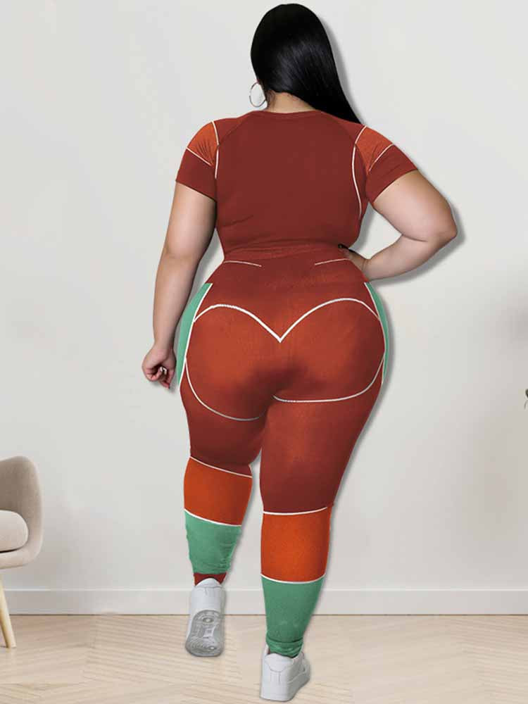 Frau in rot-grünem Sportanzug, Rückansicht, nahtlose Leggings, Fitnessmode, modern.