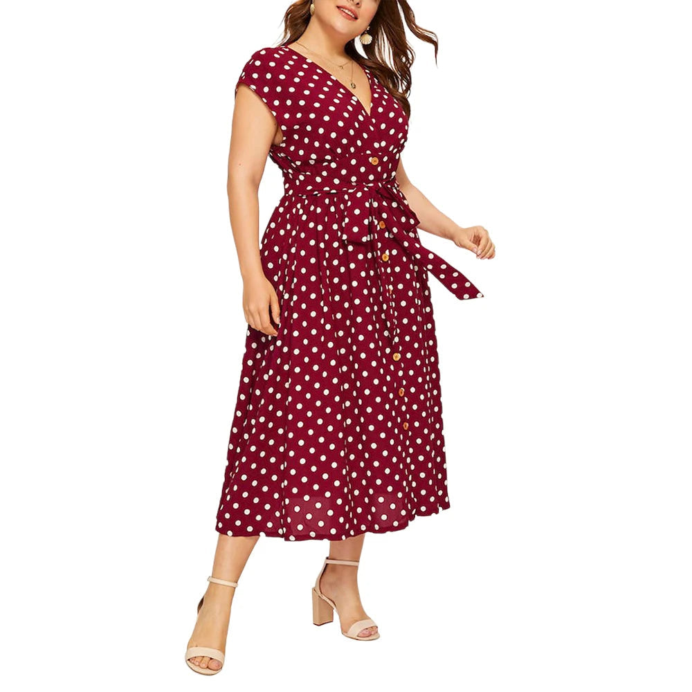 Damenkleid rot mit weißen Punkten, Wickelkleid, knielang, Sommermode, elegante Freizeitkleidung.