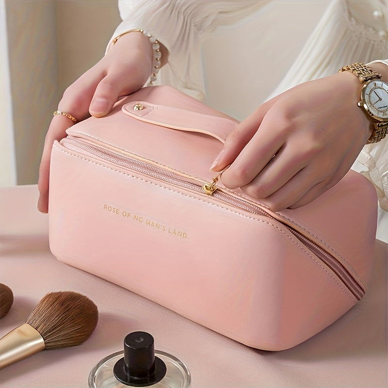 Rosa Kosmetiktasche aus Leder, Reißverschluss, Damen, Make-up-Organizer, elegant, modern.