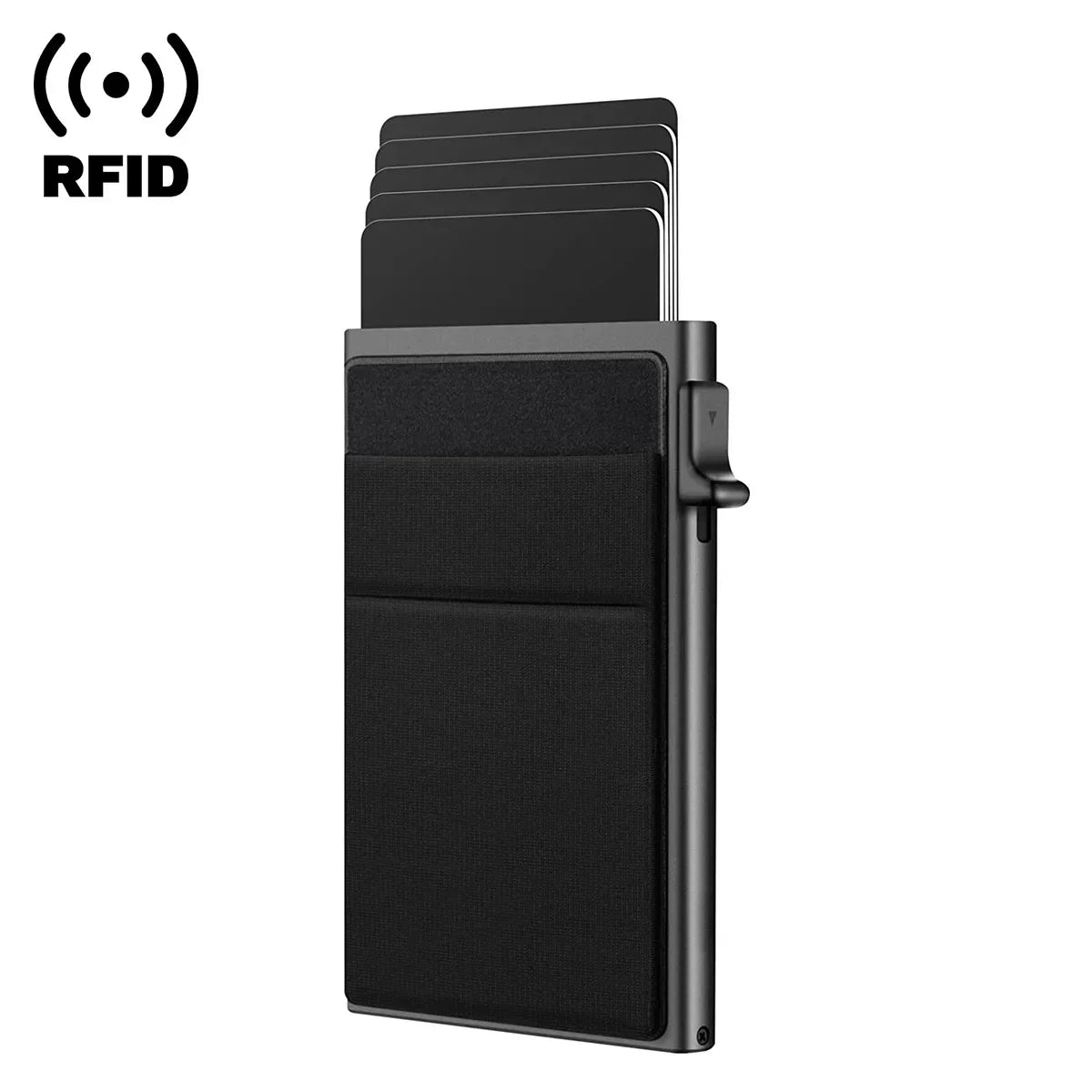 Schwarzes RFID-blockierendes Kartenetui aus Metall mit Kartenfächern, minimalistisches Design.