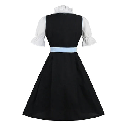 Schwarzes Kleid mit weißen Puffärmeln und blauem Gürtel, elegantes Design für Damen.