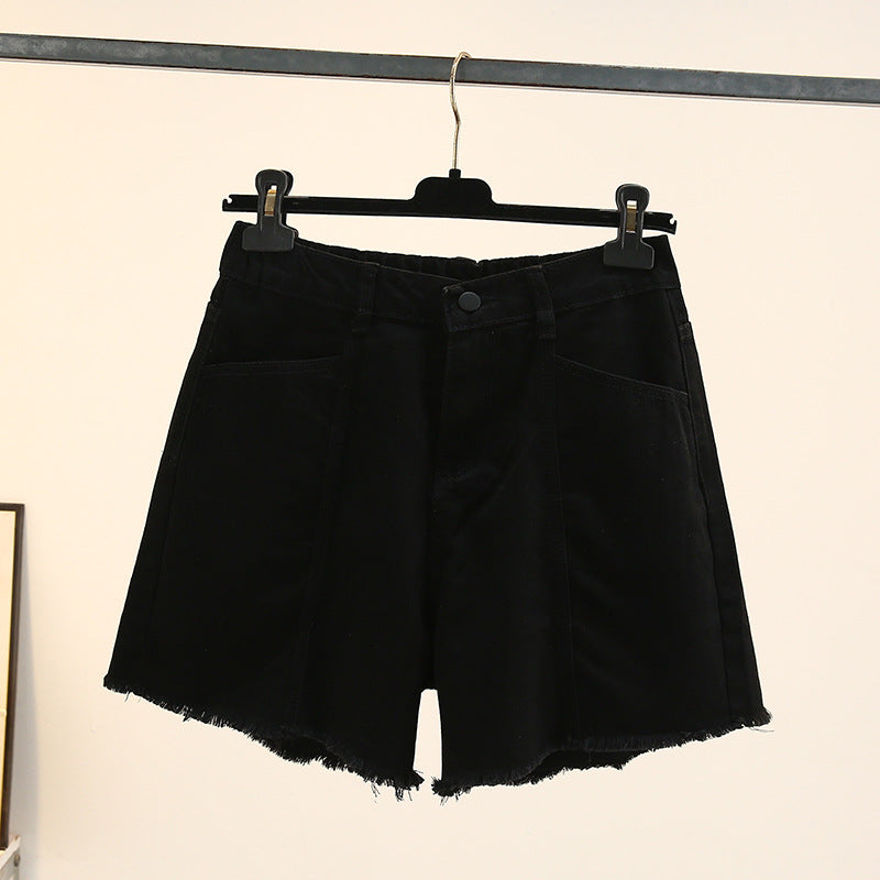 Schwarze Damen-Jeansshorts, Fransen, hohe Taille, lässig, Sommermode.