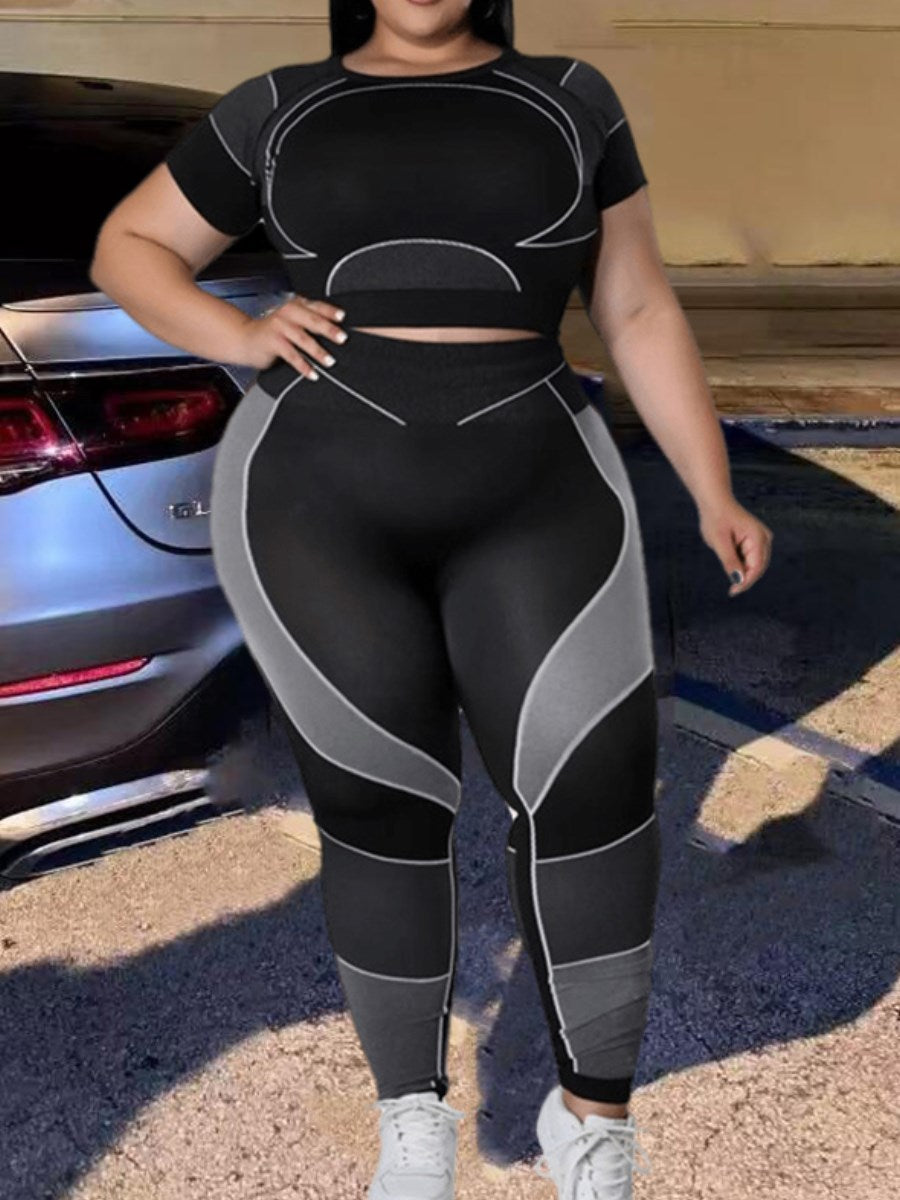 Damen Sportbekleidung Set, schwarz-grau, Plus Size, Fitness Leggings und Crop Top, elastisch.