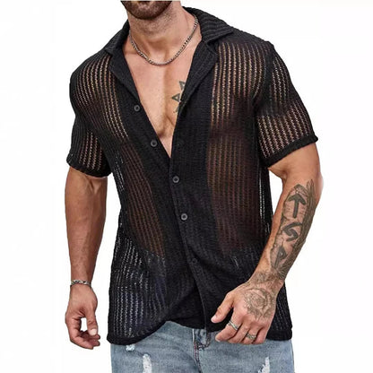 Schwarzes Herren-Netzhemd, kurzärmelig, durchscheinend, lässig, Sommermode.