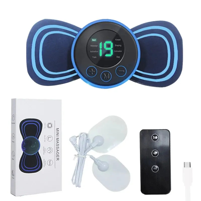 Elektronisches Mini-Massagegerät, blau, mit Fernbedienung und USB-Kabel, Muskelentspannung.