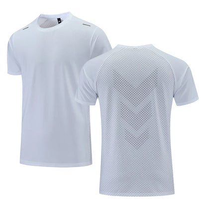 Weiße Sport-T-Shirts, atmungsaktiv, kurzärmelig, für Herren, Fitness, Training, Polyester.
