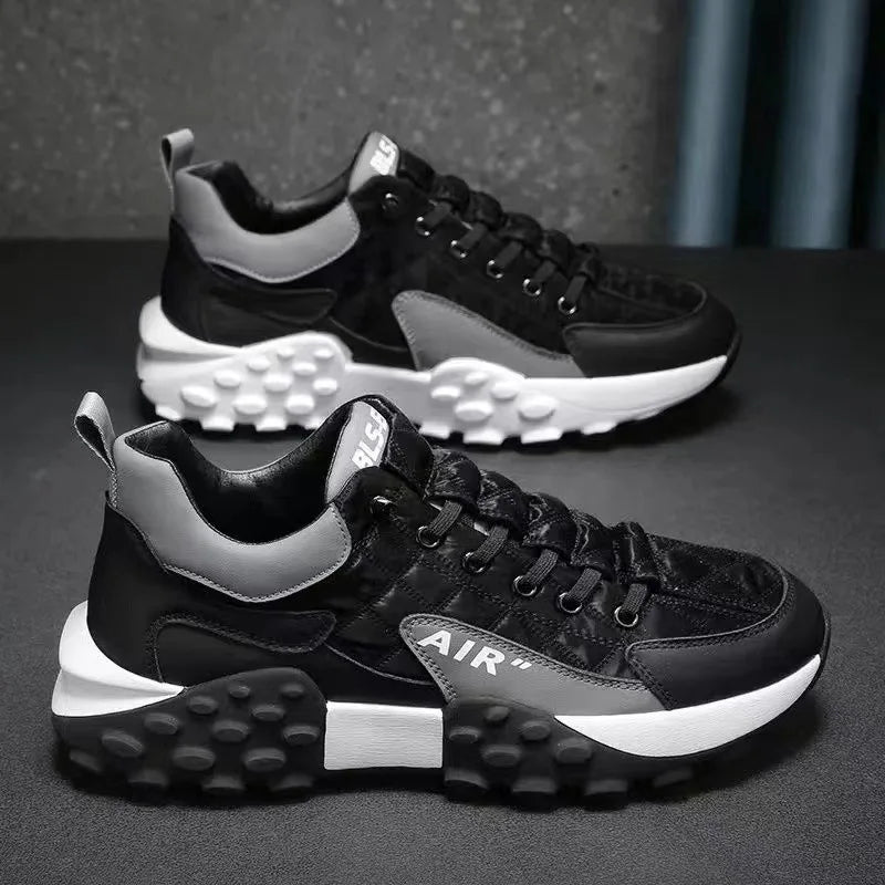 Schwarze Sneaker mit weißer Sohle, sportliches Design, Herrenmode, bequeme Freizeitschuhe.