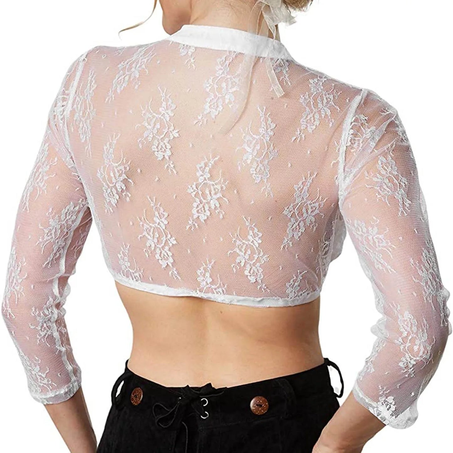 Damen Dirndl Bluse, weiß, Spitze, transparent, langarm, traditionell, Oktoberfest Mode.