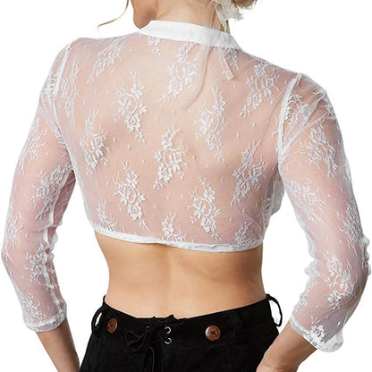 Damen Dirndl Bluse, weiß, Spitze, transparent, langarm, traditionell, Oktoberfest Mode.
