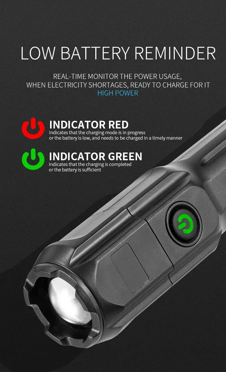 Schwarze Taschenlampe mit Ladeanzeige, rotes und grünes Licht, niedriger Batteriestand.