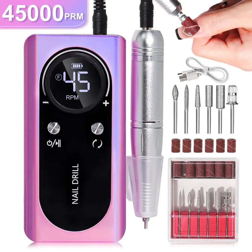 Elektrische Nagelfeile 45000 U/min, rosa, mit Zubehör, Maniküre-Set, USB-Ladekabel.