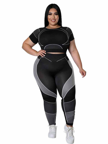 Plus-Size Damen Sportanzug, schwarz-grau, elastisch, Fitnessbekleidung, modisch, bequem.
