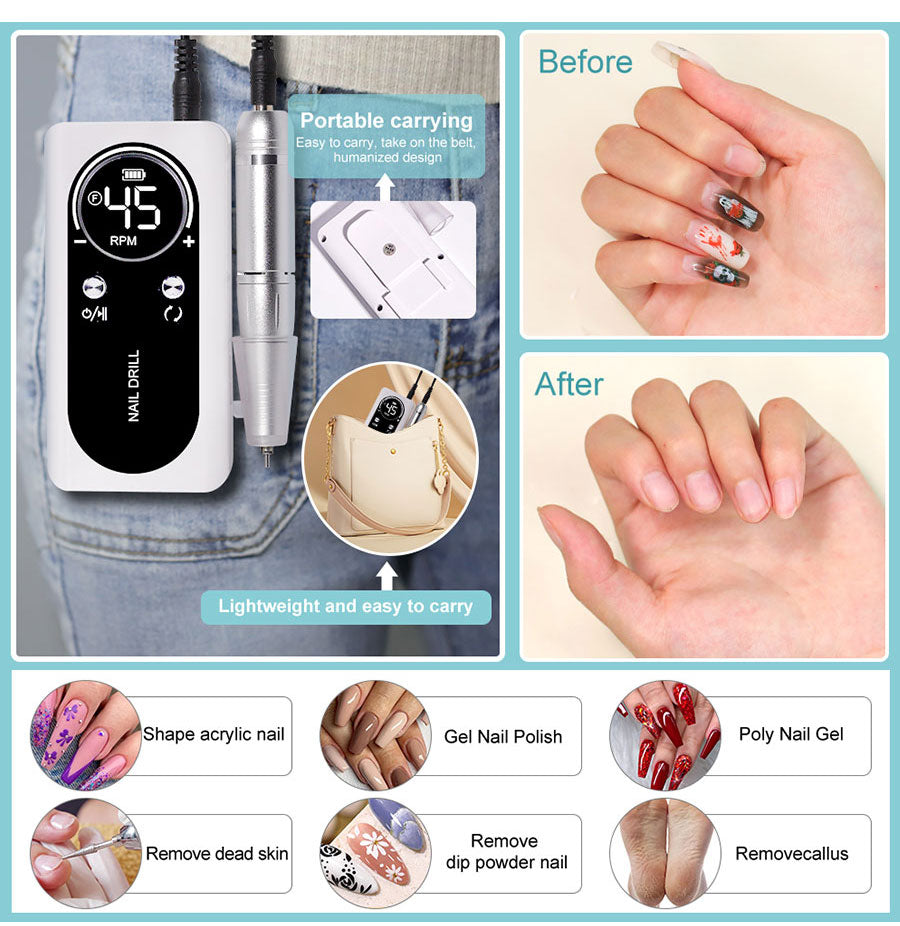 Tragbare elektrische Nagelfeile, weiß, für Maniküre, Pediküre, mit LCD-Anzeige, leicht, kompakt.