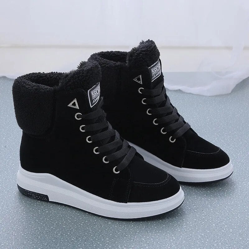 Schwarze Damen-Winterstiefel mit Fellfutter, Schnürung, rutschfeste Sohle, modisch und warm.