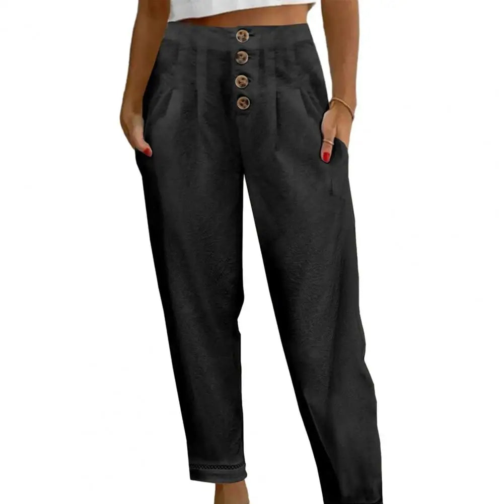 Damenhose schwarz, hohe Taille, Knopfverschluss, lässig, Baumwolle, modisch, bequem.