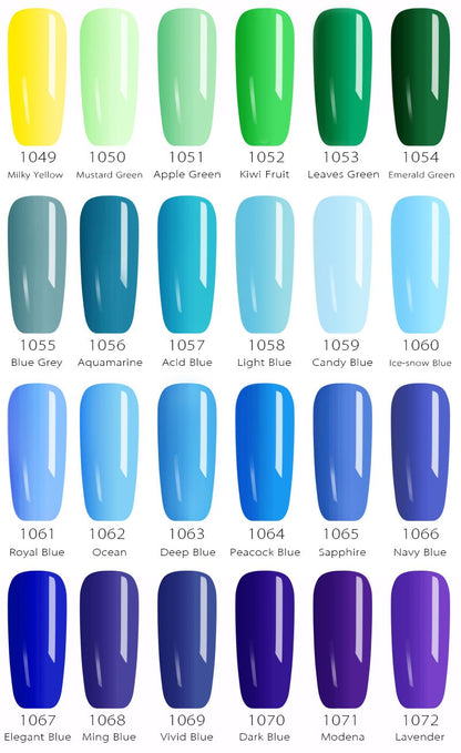 Nagellack-Farbpalette, 20 Farben, von Gelb über Grün bis Blau, mit Farbnummern und Namen.