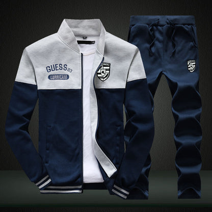 Dunkelblauer Herren-Trainingsanzug, Jacke und Hose, sportlich, Baumwolle, modisch.