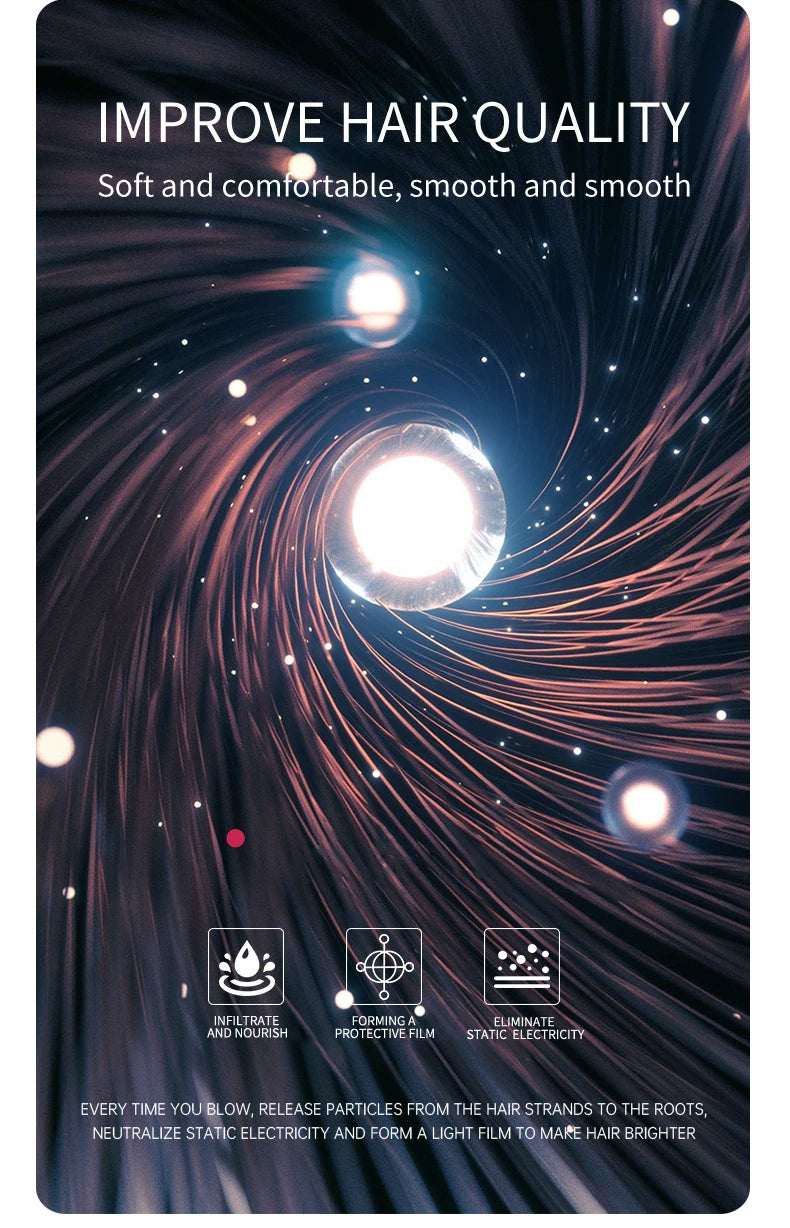 Haarpflege-Werbung mit spiralförmigem Design, Fokus auf Haarqualität verbessern, statische Elektrizität.