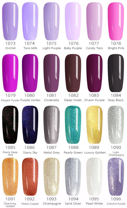Nagellack-Farbpalette mit 24 Farben, inklusive Lila, Pink, Gold und Glitzer, für Maniküre.