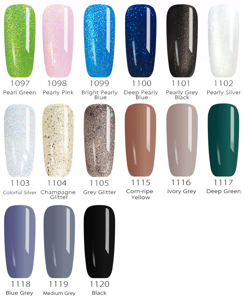 Nagellack-Farbpalette, 12 Farben, Glitzer, Perlmutt, Blau, Grün, Silber, Braun, Schwarz.