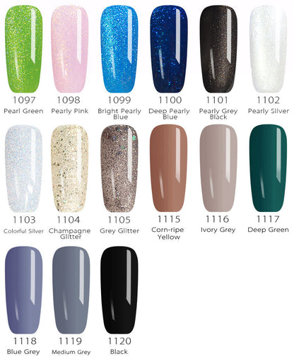 Nagellack-Farbpalette, 12 Farben, Glitzer, Perlmutt, Blau, Grün, Silber, Braun, Schwarz.