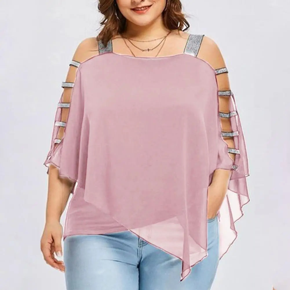 Damen Bluse rosa, schulterfrei, mit Glitzerträgern, Plus Size, modisch, elegant.